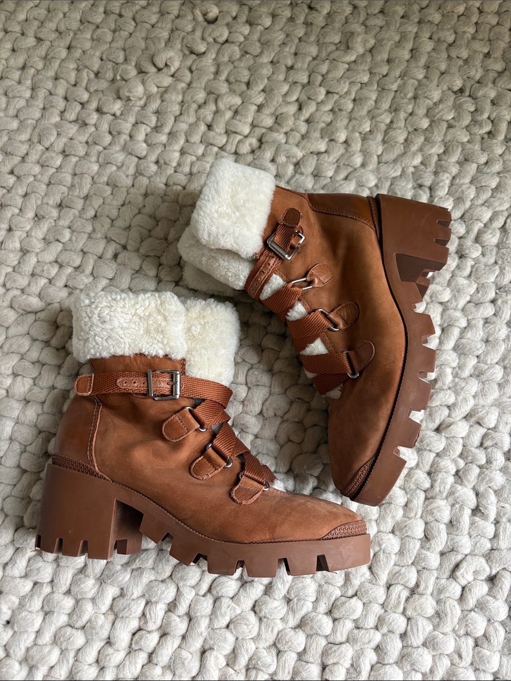 SCHUTZ Chestnut Brown Shearling Cuff Lug-Heel Ankle Boots